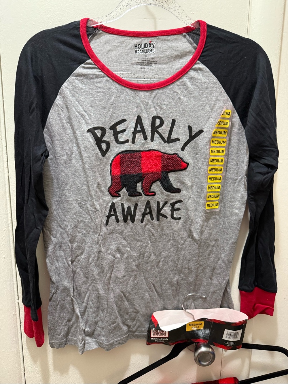Bearly Awake Plaid Bear Raglan Tee - Gray, Black, Red pajama set